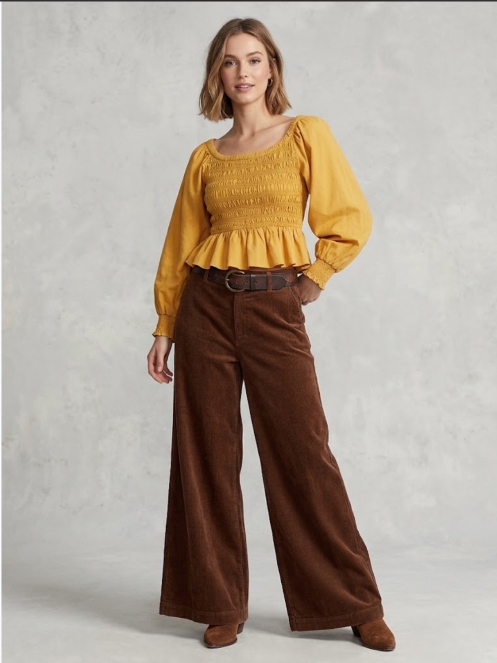 Free People mustard Yellow Smocked Peplum Blouse.